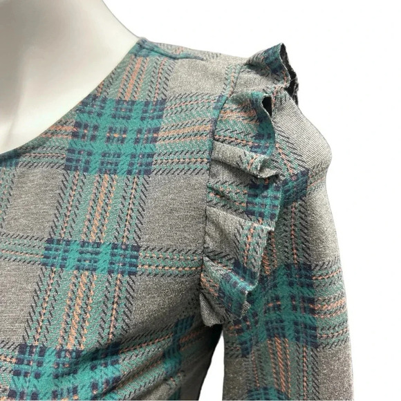 J.O.A. Roseanna Grey/Teal Plaid Flounce Sleeve Mini Short Dress Twee Ruffles - Picture 5 of 13